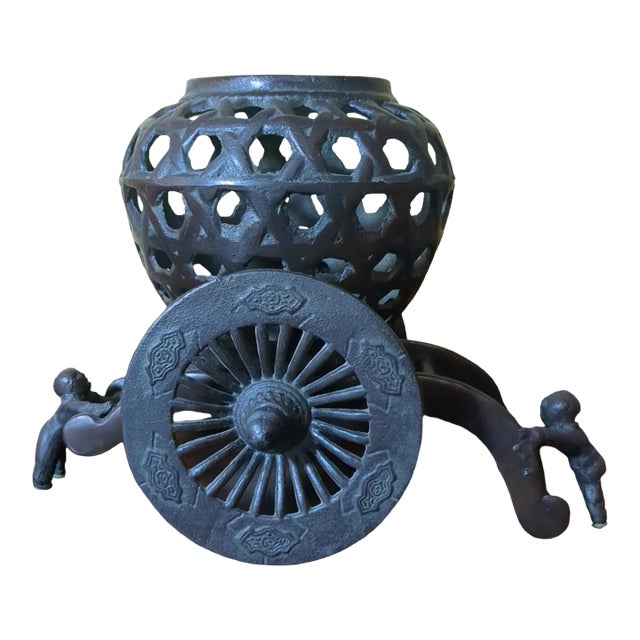 Vintage Japanese Cast Iron Planter on Wheeled Cart For Sale