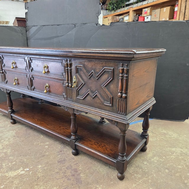 Antique English Carved Oak Sideboard With Intricate Geometric Carvings and Brass Hardware For Sale - Image 14 of 18