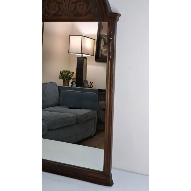 Antique 1910s Carved Oak Wall Mirror Arched Top Floral Wood Stamped #2375 32x17 For Sale - Image 4 of 12