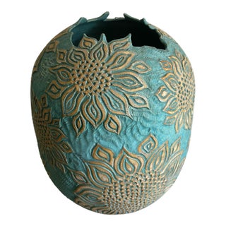 Vintage Large Blue Studio Pottery Vase With Sunflower Relief Pattern For Sale