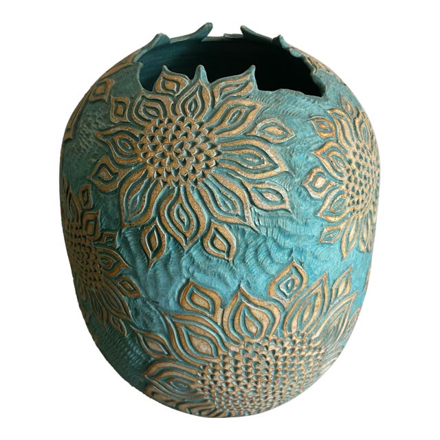 Vintage Large Blue Studio Pottery Vase With Sunflower Relief Pattern For Sale