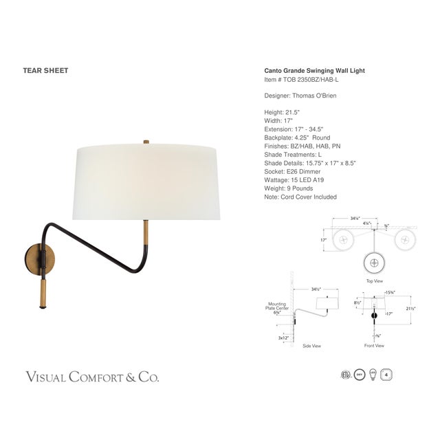 Modern Thomas O'Brien for Visual Comfort Signature Canto Grande Swinging Wall Light in Bronze and Brass with Linen Shade For Sale - Image 3 of 6