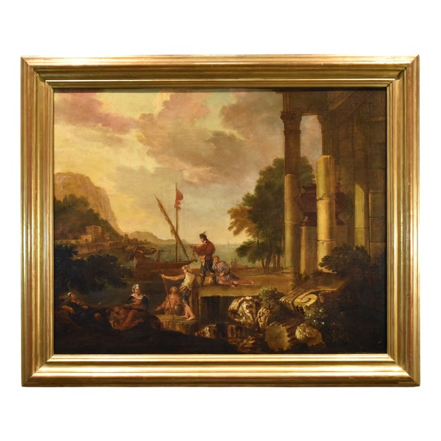 Jacob De Heush, Coastal Landscape with Architectural Ruins, 1680, Oil on Canvas, Framed For Sale