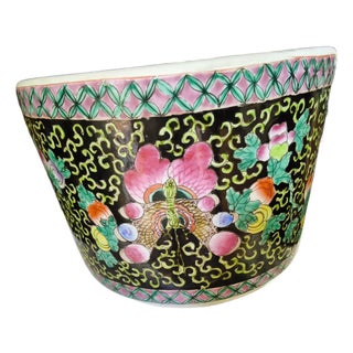 Antique Late Qing / Republic Period Chinese Famille Noire Porcelain Jardinière. Hand Painted. Medium Size. For Sale