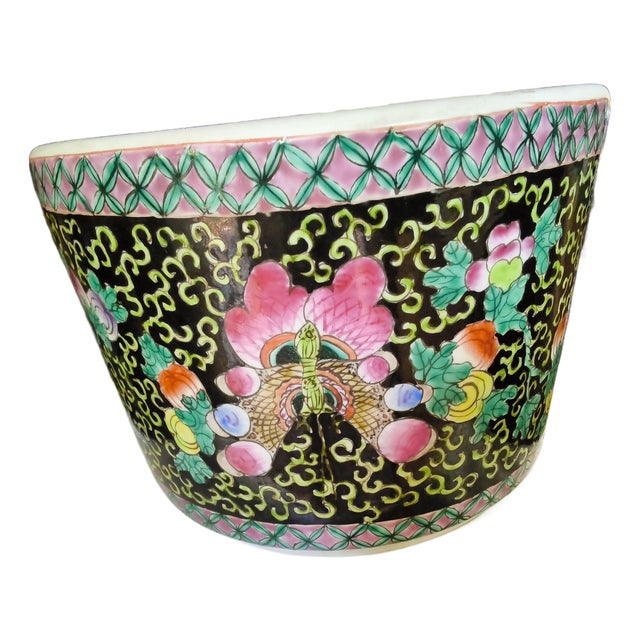 Antique Late Qing / Republic Period Chinese Famille Noire Porcelain Jardinière. Hand Painted. Medium Size. For Sale