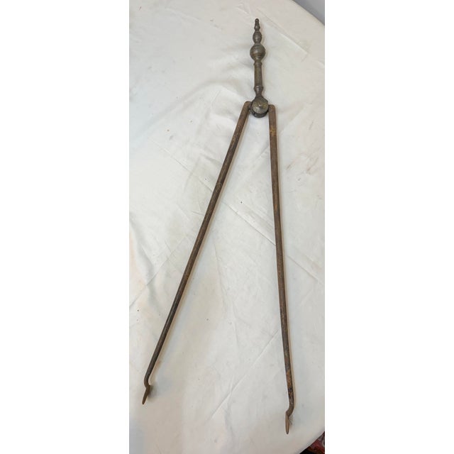 Antique 18th Century Wrought Iron Turned Brass English Fireplace Tongs Tool 23 For Sale - Image 10 of 11