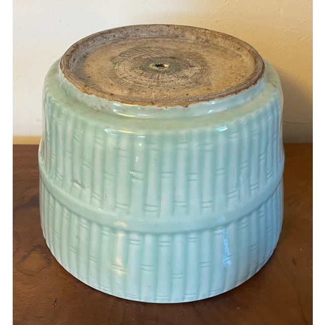 Antique 19th Century Chinese Celadon Porcelain Monochrome Glaze Cachepot or Jardiniere With Relief Molded Bamboo Design For Sale - Image 4 of 17