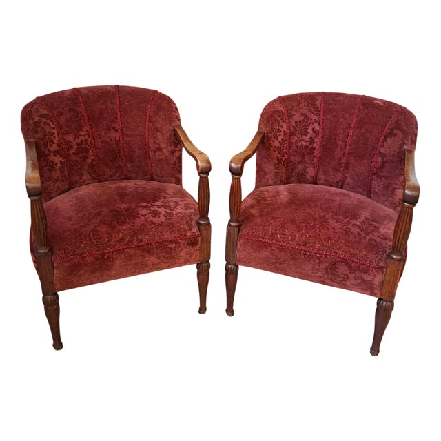 Vintage Oak and Damask Velvet Armchairs, 1960s, Set of 2 For Sale