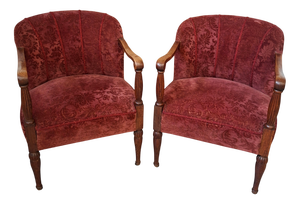 Vintage Oak and Damask Velvet Armchairs, 1960s, Set of 2