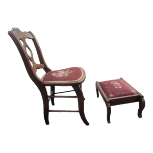 Late 19th Century Mahogany and Needlepoint Upholstered Chair With Footstool