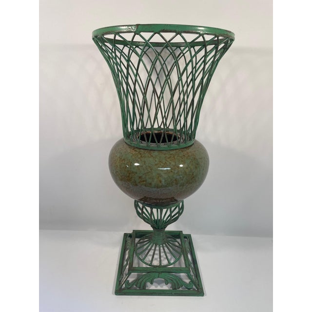 Vintage 1980s Wrought Iron and Ceramic Decorative Urn Planter Cachepot For Sale - Image 12 of 17