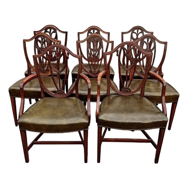 Hepplewhite Dining Chairs with Green Leather Upholstery and Prince of Wales Feathers, Set of 8 For Sale