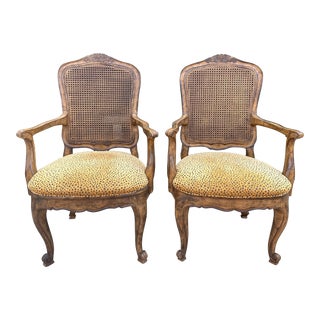 Pair of Country French Arm Cane Chairs With Animal Print Upholstery, Late 20th Century For Sale
