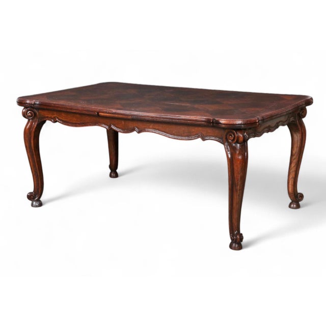 Antique Louis XV French Provincial Style Diamond Parquetry Dining Table Open Dimensions: 121”.