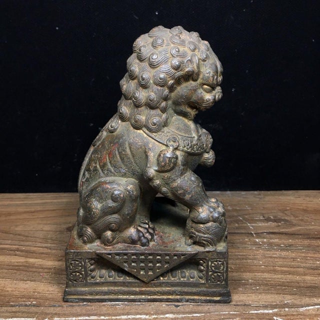 Metal Pair of Vintage Bronze Guardian Lion Statues on Decorative Bases For Sale - Image 7 of 9