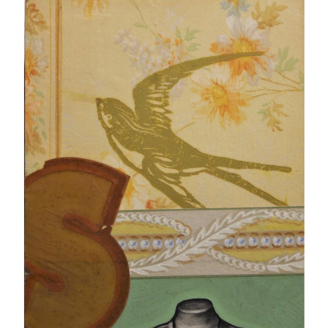 Assemblage work using vintage printed paper. Assemblage has a dress with a traditional style sparrow on the top of the...