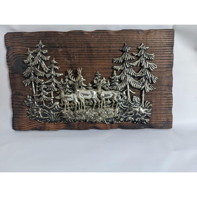 Vintage Silver-Tone Deer Woodland Relief Plaque on Rustic Wood, 13" For Sale - Image 9 of 12