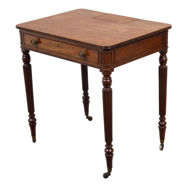 English 19th Century Mahogany Table with Compartment, Drawer and Reeded Legs For Sale