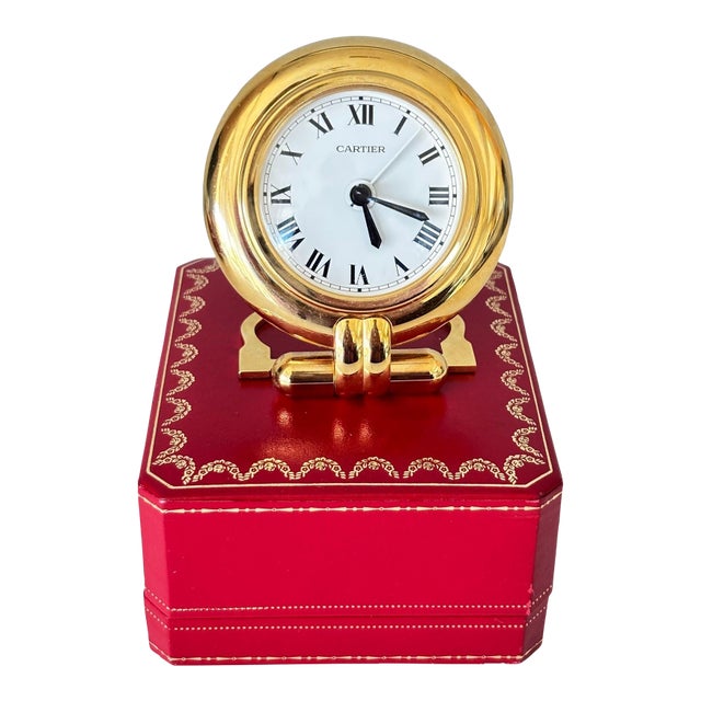 Cartier Colisee Art Deco 24k Gold-Plated Travel Desk Clock, 1990s For Sale