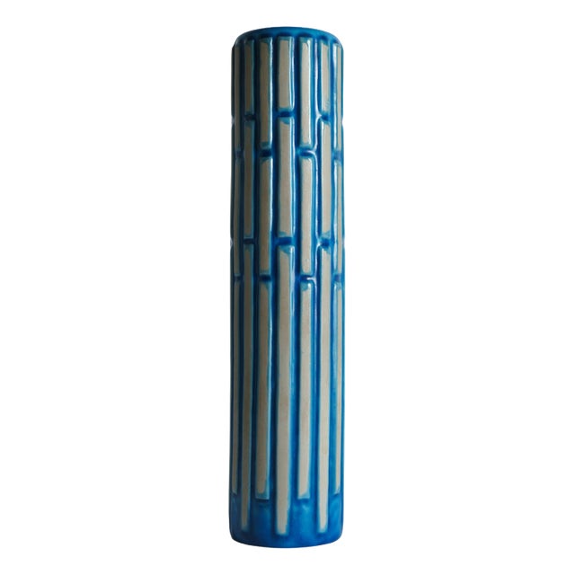 Tall Slender Blue Ceramic Cylinder Vase by Carl-Harry Stålhane for Rörstrand, 1960s For Sale
