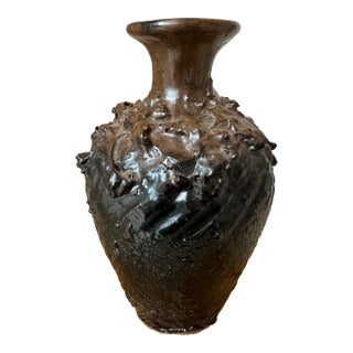 Vintage 1970’s Signed Brutalist Ceramic Vase in Brown For Sale