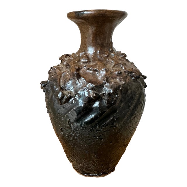 Vintage 1970’s Signed Brutalist Ceramic Vase in Brown For Sale