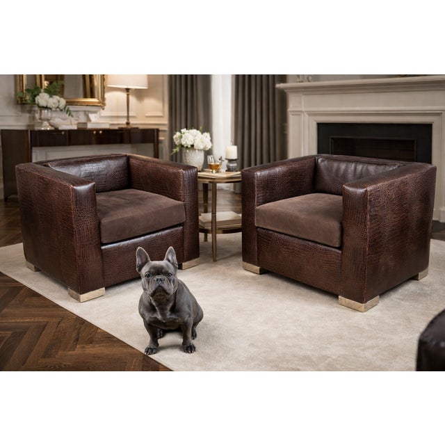 Brown Pair of Sculptural Crocodile-Embossed Leather Club Chairs W/ Metal Plinth Bases For Sale - Image 8 of 8