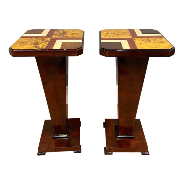 Art Deco Inlaid Pedestal Side Tables, Set of 2 For Sale