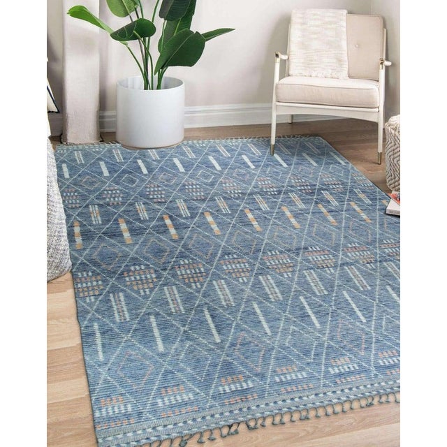 9x12 Blue Hand-Knotted Wool Linear Diamond Grid Geometric Modern Carpet Rug For Sale In New York - Image 6 of 8