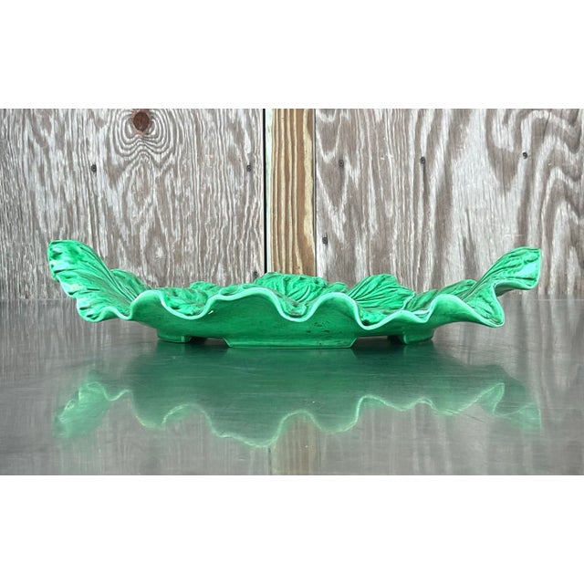 Vintage Regency Portuguese Glazed Ceramic Cabbage Leaves Platter For Sale - Image 9 of 12
