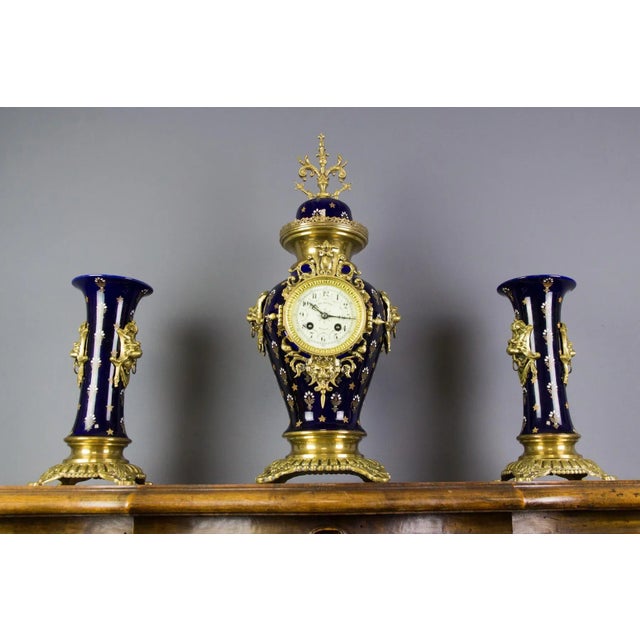 Royal Blue Mantle Clock Set from Boch Frères Keramis, 1920s, Set of 3 For Sale - Image 13 of 18