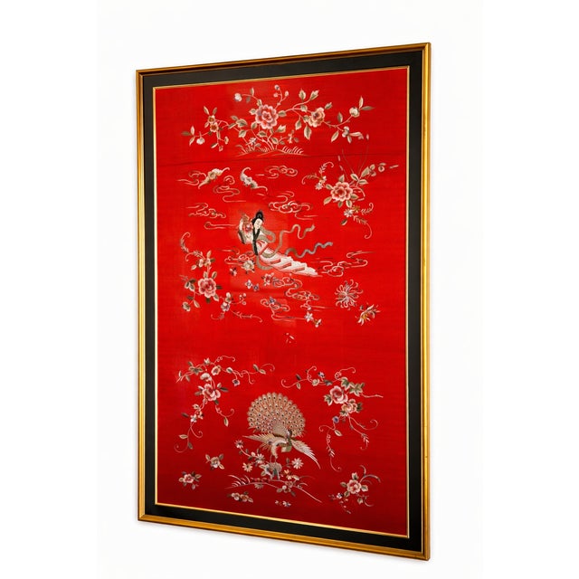 This exquisite antique Chinese silk sedan chair cover, circa late 19th–early 20th century, features finely embroidered...