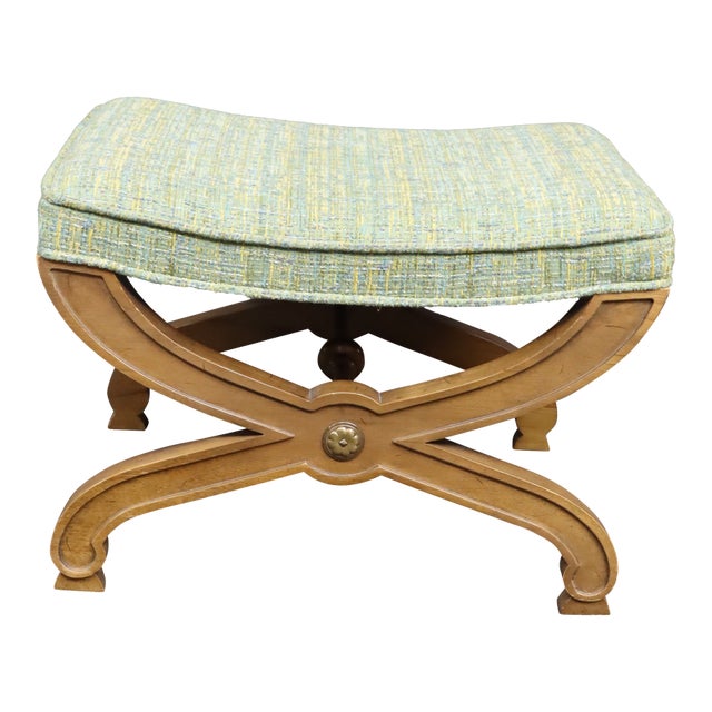 Cherry Wood X-Base Upholstered Bench For Sale