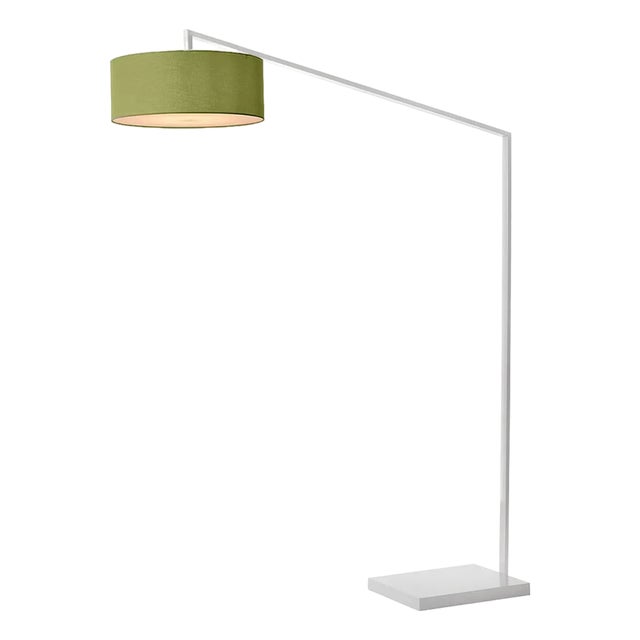 Stretch 87"h 1-Light Arc Lamp, Avocado Linen Shade, White Body, Dimmable, for Living Room or Bedroom For Sale