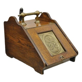 Antique Victorian Oak and Brass Fireplace Coal Scuttle Box Bucket W/ Scoop For Sale