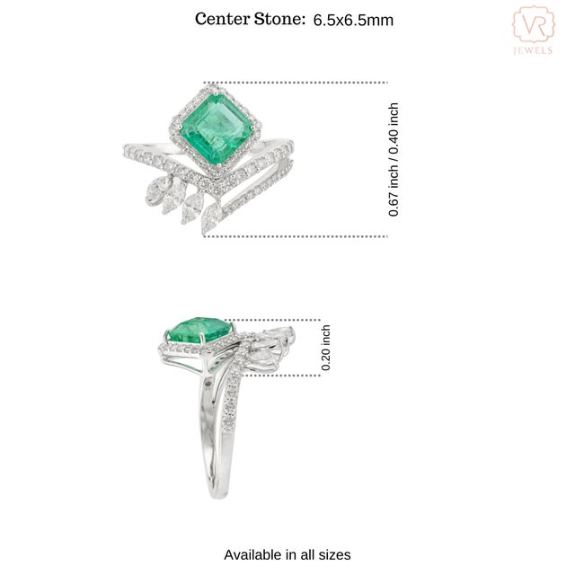 Green Aristocrat Creative Design Emerald & Diamond Ring in 18k White Gold Size 6 For Sale - Image 8 of 12