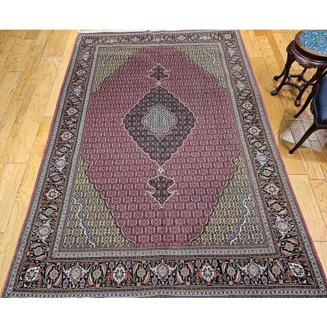 Textile Antique Persian Tabriz Mahi Rug, Hand-Knotted Wool & Silk, Herati Geometric Pattern, Pomegranate Red & Tan, 7x10 For Sale - Image 7 of 18