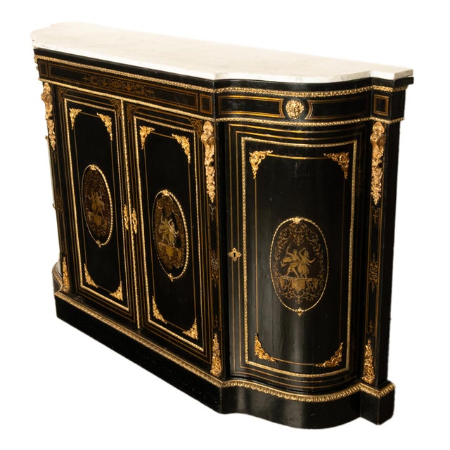 French 19th Century French Napoleon III Ormolu & Marble Ebonized Cabinet Sideboard 1860 For Sale - Image 3 of 17