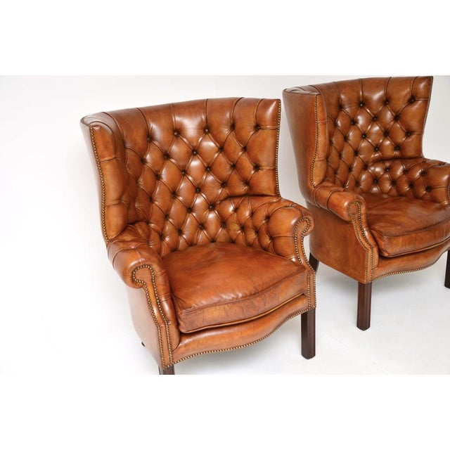 Antique Leather Barrel Back Wing Armchairs, 1920s, Set of 2 For Sale - Image 6 of 8