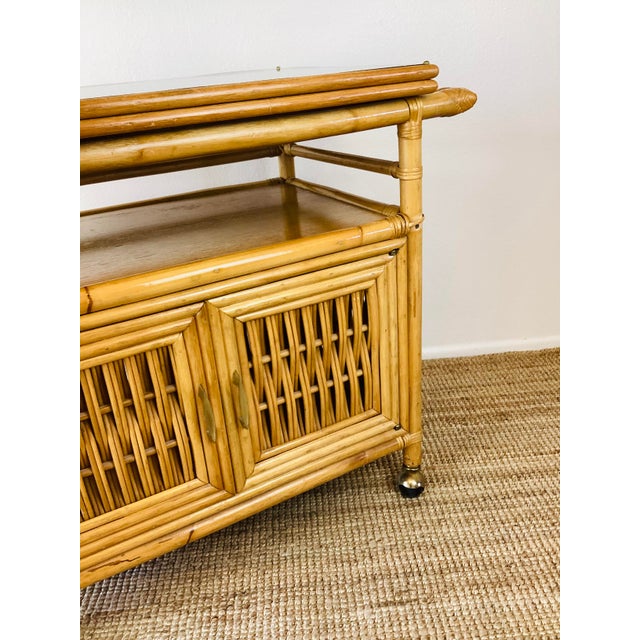 Vintage 1960s Rattan Serving Bar Cart on Wheels For Sale - Image 4 of 10