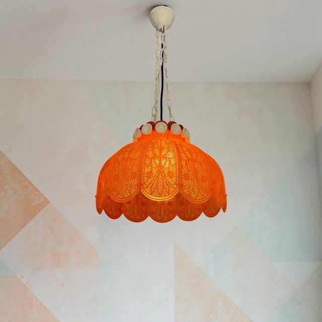 Farmhouse Red Acrylic Lace Effect Hanging Light Chandelier, Ukraine, 1970s For Sale - Image 4 of 18