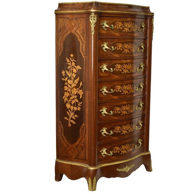 French 1960s French Style Mahogany 7 Drawer Chest of Drawers Satinwood Inlay Brass Handles For Sale - Image 3 of 6