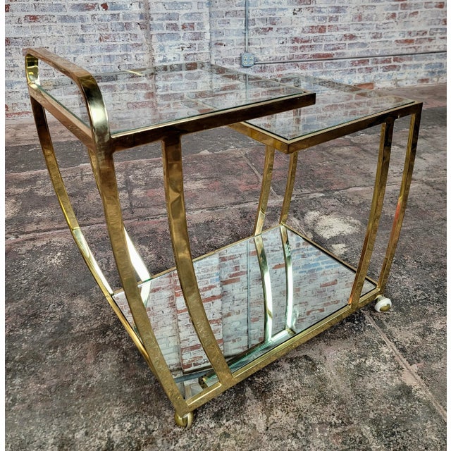 Glass Vintage Three-Tier Art Deco Style Brass Service/Bar Cart For Sale - Image 7 of 9