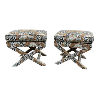 Mid-Century Billy Baldwin Style X Base Benches in Brunschwig & Fils Fabric For Sale