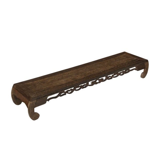 19" Light Brown Feather Pattern Rectangular Scroll Leg Wood Display Stand For Sale - Image 9 of 9