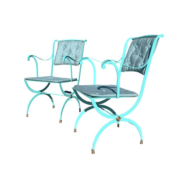 Baby Blue Vintage 1940s NeoClassical Art Deco French Patio Metal Outdoor Armchairs Restored Copper Attributed to Rene Prou For Sale - Image 8 of 12
