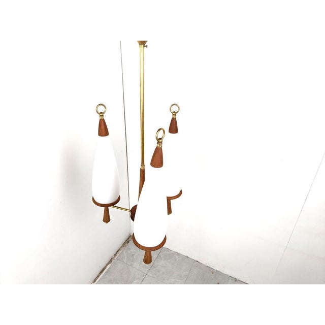 Vintage Teak Chandelier with White Glass Shades, 1960s For Sale - Image 4 of 10