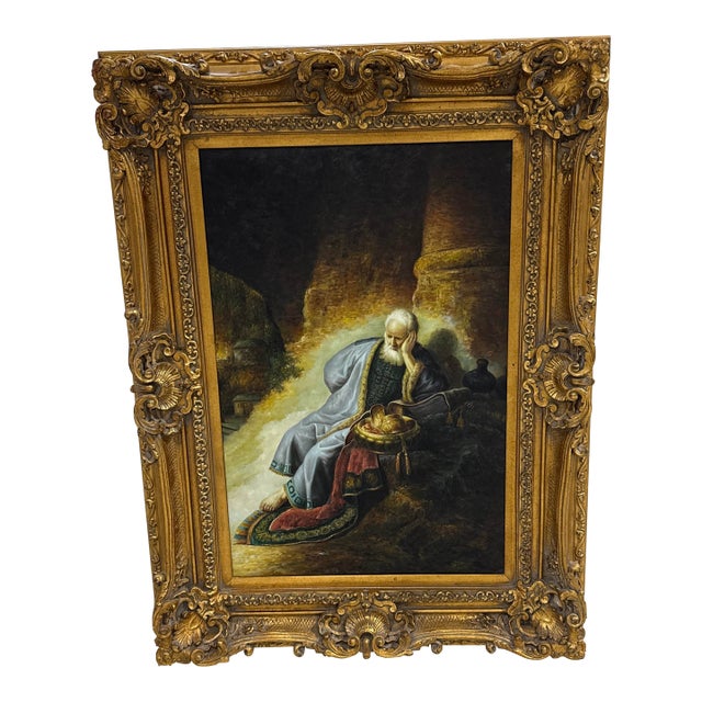 Vintage Rembrandt Jeremiah Lamenting Jerusalem Oil Painting Framed Baroque Art For Sale