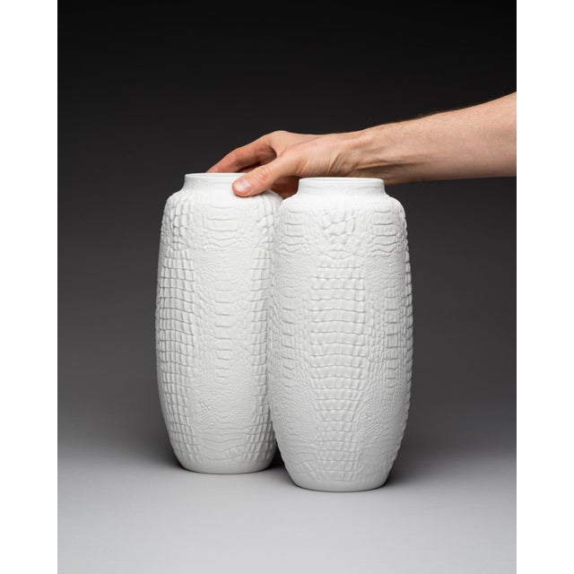 1970s Op-Art Bisque Porcelain Vases with Crocodile Reptile Relief by Manfred Frey for AK Kaiser, 1960s, Set of 2 For Sale - Image 5 of 18