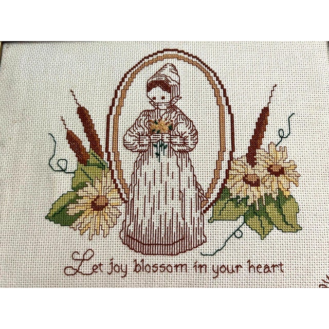 Folk Art 80s Vintage Thanksgiving Harvest Fall Handmade Embroidered Folk Art Piece in Wood Frame For Sale - Image 3 of 5